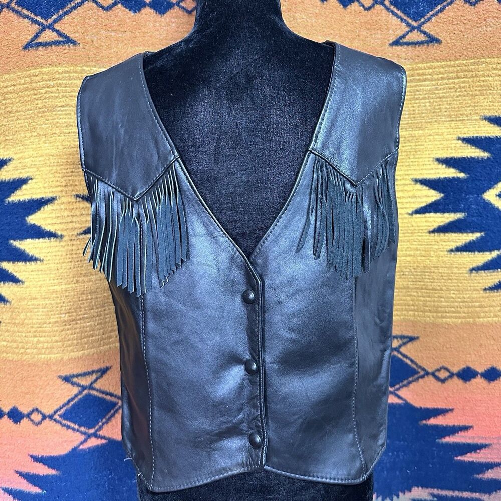 Vintage Steer Brand Black Leather Fringe Motorcycle Western Button Up Vest. XL.